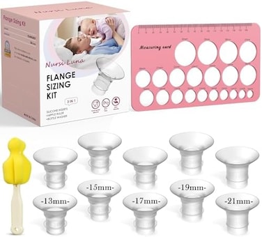 Nursi Luna 3 in 1 Flange Sizing Kit Ultimate with 10PCS Flange Inserts 13/15/17/19/21mmRulerCleaning Brush, Flange Insert Kit for 24mm Flange/Shield of Most Pumps, Compatible with Momcozy/Spectra/Mede