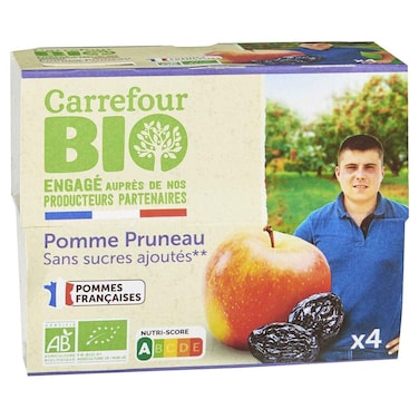 Carrefour Bio Organic Apple and Prune Compote, No Added Sugar, 100g, Pack of 4