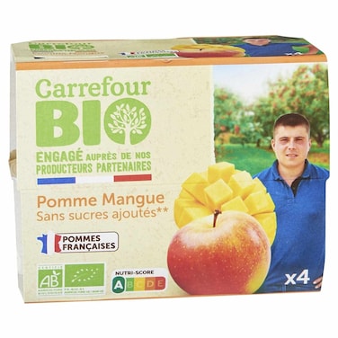 Carrefour Bio Organic Apple and Mango Compote, No Added Sugar, 90g, Pack of 4