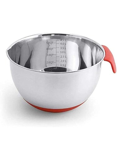 DELFINO Mixing Bowl, 304 Stainless Steel Non-Slip Mixing Bowls with Measurements and Silicone Handles, Pour Spouts, Tick Marks for Cooking, Baking, 5QT/4.5L
