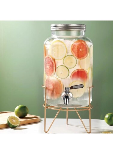 Ribbed Glass Drink Dispenser with 304 Stainless Steel Spigot &amp; Gold Stand - Leak-Proof Beverage Jar for Party
