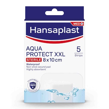 هانزابلاست لصاقات الجروح اكوا بروتكت بحجم كبير جداً (XXL)  , لصاقة معقمة كبيرة , ١٠٠٪ ضمادة مقاومة للماء , للجروح الكبيرة وجروح ما بعد العمليات الجراحية , تحجب ٩٩٪ من البكتيريا , ٥ لصاقات: ٨*١٠ سم