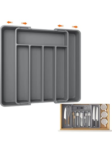 Mosycle Bamboo Kitchen Drawer Organizer, Expandable Cutlery Tray Utensil Silverware Holder, Drawer Dividers Flatware, Knives In Kitchen（Plastic 38 x 33Cm Grey）