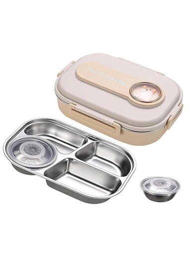 Stainless Steel Lunch Box for Kid School, Insulated Bento Lunch Box, 4 Compartment Divided Lunch Containers with Lids, Leakproof   BFA Free   Dishwasher Safe (Dog Beige)
