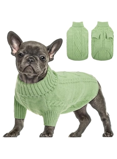 Small Dog Pullover Sweater, Cold Weather Cable Knitwear, Classic Turtleneck Thick Warm Clothes for Chihuahua, Bulldog, Dachshund, Pug, Yorkie (light green, S)
