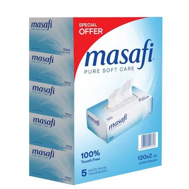 Masafi Pure Soft Care Facial Tissue White 130 Sheets Pack of 5