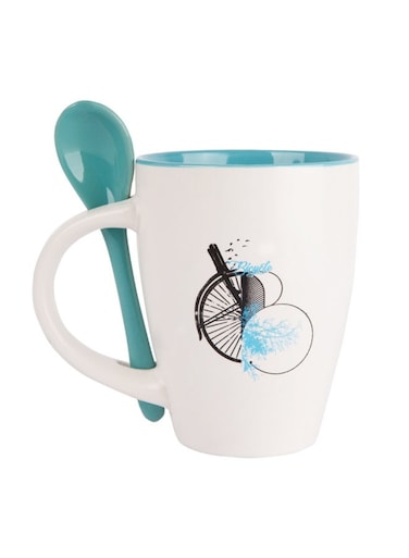Nature Ceramic Cup With Spoon, 250ml, Blue White Color, Coffee Mug with Spoon, Anniversary Gifts, Ceramic Mug