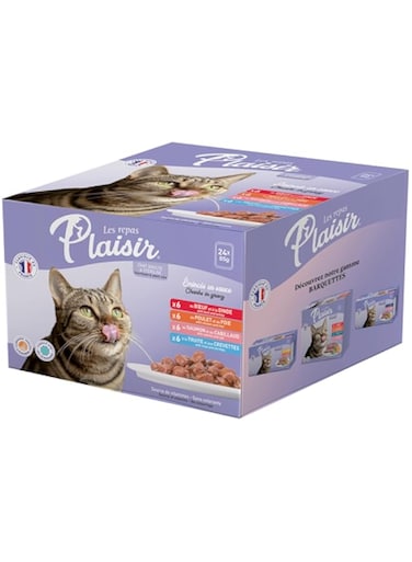 Plaisir Cats Chunks in Gravy 24 Pouches of 85g Pet Food Assortment, Wet Cat Food 6x Chicken and Liver, 6x Beef and Turkey, 6x Salmon &amp;COD, 6x Trout&amp;Shrimps Veterinary Formulated for Cat Health
