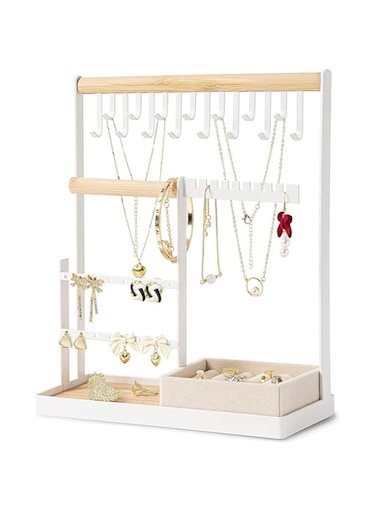 TAME Jewelry Organizer Jewelry Stand Jewelry Holder Organizer Mothers Day Gift,4-Tier Necklace Organizer with Ring Tray,Aesthetic Jewelry Tower Storage Rack Tree -White