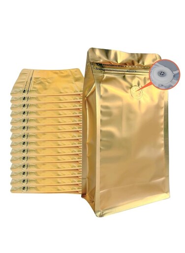12Pcs Coffee Storage Bags With Valve Flat Bottom Self-Sealing Resealable Food Storage Bags For Food Dried Herbs Multi-Usage Golden Color