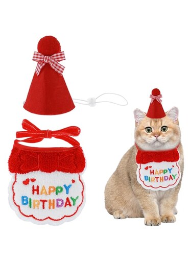 Bolivia's Pet Birthday Party Supplies, 2 PCS Cute Pet Birthday Hat Scarf Set, Exquisite Pet Costumes Headwear Accessories, Durable Pet Party Decorations for kitten and Puppy (Red)