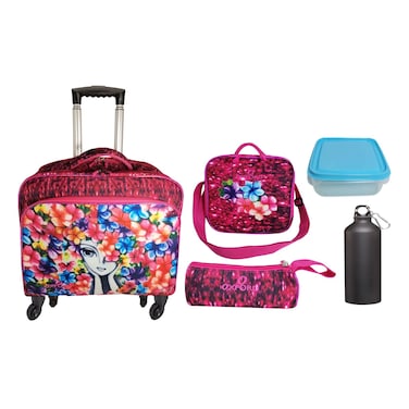 أكسفورد ليميتد إديشن حقيبة ظهر بأربع عجلات مع قضيبين وحقيبة غداء وصندوق غداء وحافظة أقلام وزجاجة مياه ومجموعة 16 بوصة