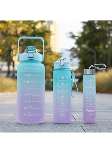 3 Pack Sports Water Bottle With Straw - 2L+900ml+500ml Measured Plastic Drinking BPA Free Non-Toxic Sports Drinks Time Markings Motivational Fitness (Green)