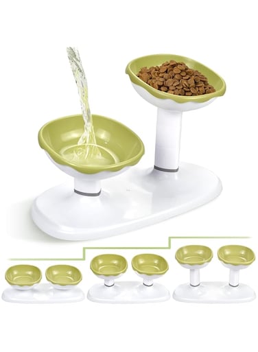 Tazweeq Elevated Cat Bowls, Adjustable Heights Raised 15&deg;Tilted Cat Stand, Cat Bowls for Indoor Cats, Double Cat Food and Water Bowls Set for Cats and Puppy (Green)