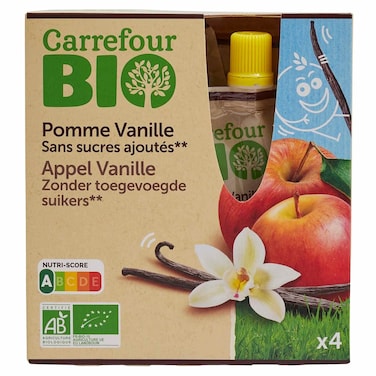 Carrefour Bio Organic Apple and Banana Fruit Pur&eacute;e, No Added Sugar, 90g, Pack of 4