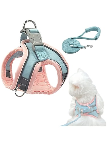 Oasisgalore Cat Harness and Leash Set, Escape-Proof Vest, Reflective Strap Night Safe Pet Harness.Easy Control for Small Large Kitten, Fit for Puppy, Rabbit (L) for 6-9lb (PINK*BLUE)