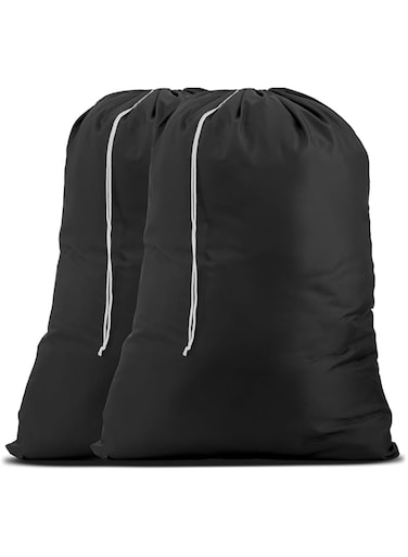 Handy Laundry Nylon Bag - Locking Drawstring Closure and Machine Washable. These Large Bags Will Fit a Basket or Hamper and Strong Enough to Carry up to Three Loads of Clothes. (Black   2-Pack)