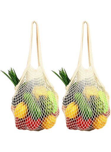 GTVGJH Premium Mesh Grocery Bags, Reusable Produce Bags, Long Handle Net Tote Bags, 100% Cotton String Bags, Fruit and Vegetable Bags, Beige