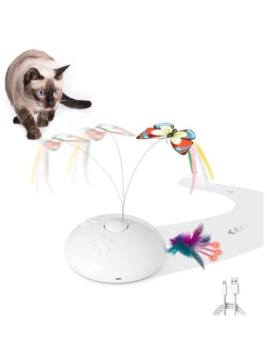 BINTEREST Cat Toys, 3-in-1 Rechargeable Interactive Automatic Kitten Toy, Fluttering Butterfly, Moving Wheels, Natural Feather and Sparkling Lights, Indoor Exercise Cat Kicker Toys (White)