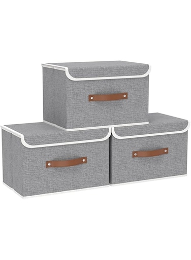 Yawinhe Storage Boxes with Lids 3 Pack, Collapsible Linen Fabric Storage Bin with Handle, for Organizing Toys, Clothes, Office, 45x30x30cm, Grey, SNK018GY-L
