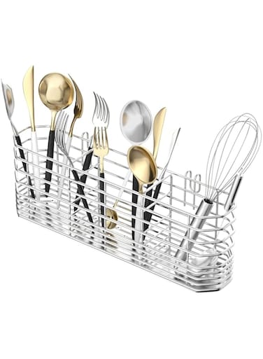 Joyzzz Utensil Holder, Silverware Cutlery Flatware Holder with 3 Compartments, Utensil Rack with Stainless, Rack Organizer with Hooks, for Dish Drying Rack Sink Dish Drainer in Kitchen (20x9x4cm)