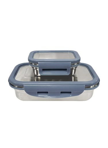 Borosil Stainless Steel Lunch Box, Set Of 2, Leak-Proof Lunch Boxes With Grey Lids, Rectangular Lunch Containers For School &amp; Office, 800 Ml &amp; 200 Ml