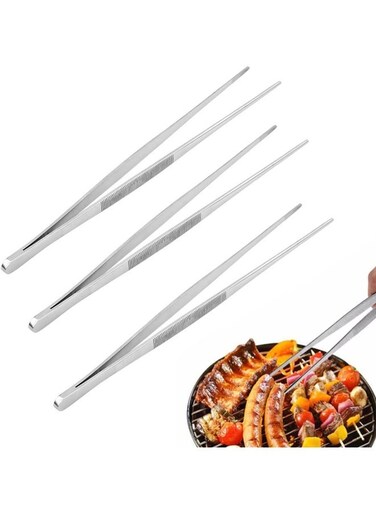 3 Packs Kitchen Cooking Tweezers 12 Inches, Stainless Steel Tweezer Tongs for BBQ/Cooking/Sea food, Extra-Long Food Tongs with Precision Serrated Tips Silver