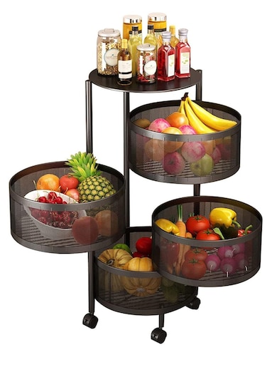 Multi-Layer Kitchen Storage Shelf Rotatable Steel Rack 4 Movable Wheels Fruit Vegetable Snack Organizer Stand Black 80cm