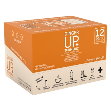 Aroma Ginger Up+ Cold-Pressed Raw Ginger and Turmeric, Lemon and Orange Juice with Flower Honey Immune Booster Shot, 50ml Pack of 12