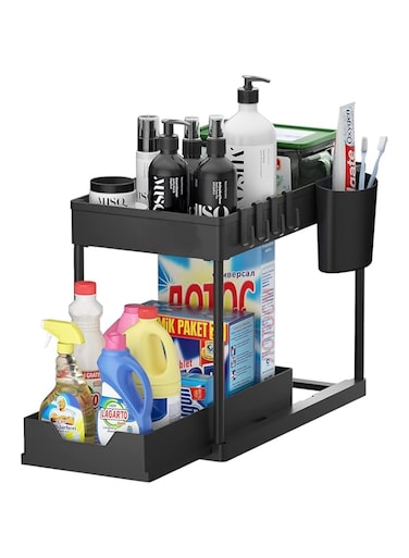 Under Sink Organizers - 2 Tier Sliding Bathroom Organizer with Sliding Basket - Multi-Purpose Kitchen Cabinet Organizer With Hooks And Cup - Pack of 1 (Black)