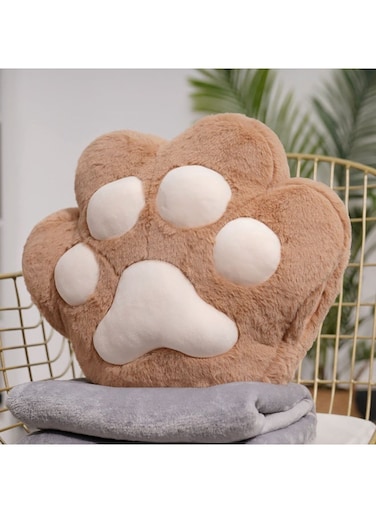 Cat Paw Throw Pillow and Blanket Set, Plush Blanket and Cat Paw Pillow with Hand Warmer Design, Perfect for Nap, Travel, Camping, Home and Office (Coffee)