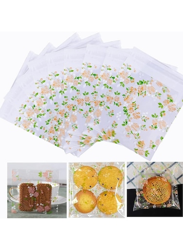 Self Adhesive Treat Bags, Clear Cellophane for Cookies, Candy, Snacks, 3.9x3.9&rdquo; (Floral Rose Design)