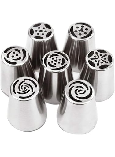 AMERTEER Russian Piping Tips Set - Icing Piping Tip Set - 7-Piece Stainless Steel Cupcake Flower Shaped Frosting Nozzle Kit - Professional Cake Decorating Tools For Pastries, Cupcakes, And Cookies