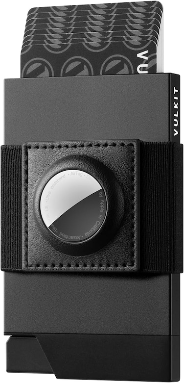 VULKIT Minimalist Wallet With AirTag Holder, Slim Metal Pop Up Card Holder with Money Band and RFID Blocking, Holds 12 Cards and Cash for Men and Women, Black