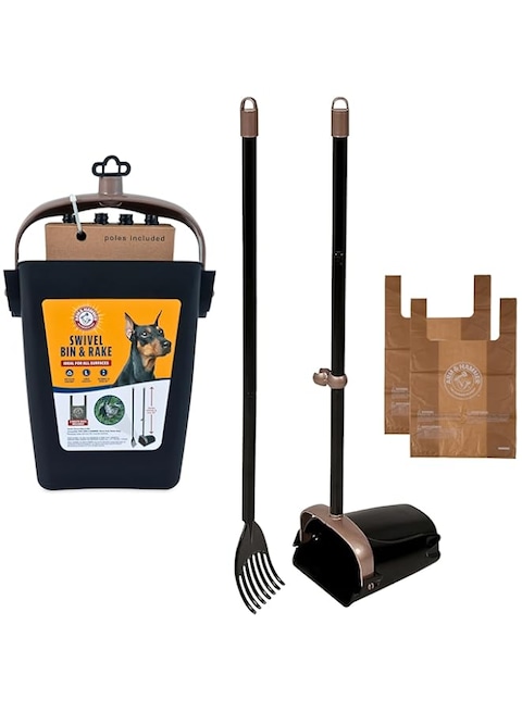 ARM &amp; HAMMER Petmate Swivel Bin Rake Pooper Scooper Waste Management System (2 Bonus Heavy Duty Handle Tie Waste Bags Included for Premium Odor Control)