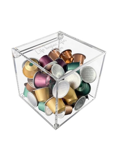Creative Planet coffee pods holder for Nespresso vertuo keurig k cups capsules, designer acrylic coffee bar accessories for your coffee station (Life Begins After Coffee)