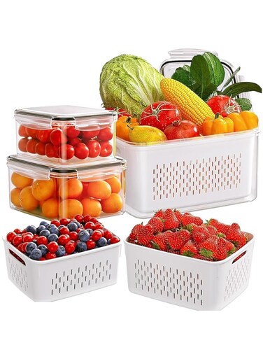 YumLock Kitchen Organizers and Storage - Fruit Storage Containers for Fridge - 3-Pack with Removable Drainage Box, 3-in-1 Storage Bins, Salad Berry Lettuce Meat Keeper, BPA-Free