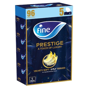 Fine Prestige Facial Tissue boxes, 5 Packs of 96 sheets x 3 Ply