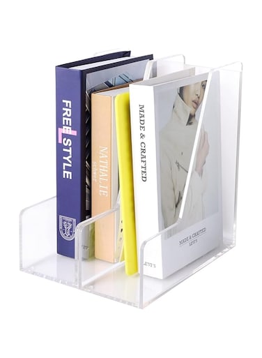 BPA Clear Acrylic Desk Organizers, File Organizer for Desk, Magazine Rack- Desktop Book Storage -Independent Vertical 1 Space-2 Pack
