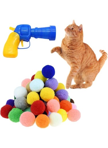 Shizhoo Premium Soft Pom Pom Balls for Kittens - Lightweight, Interactive, Assorted Colors - Plush Toy Balls for Kitten Training and Play - Pet Products for Cats (3.0 CM with Ball Gun)