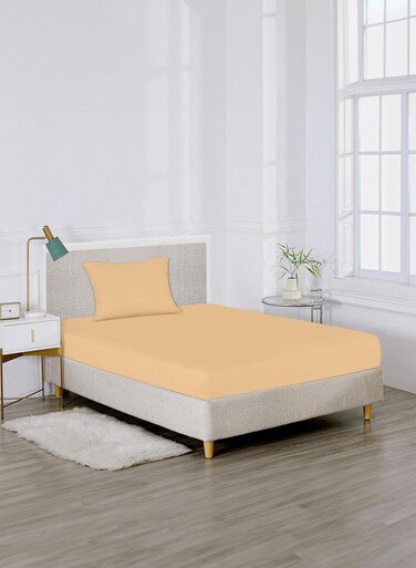 Linen Single Plain Fitted Elastic Bedsheet with 1 Pillow Case 90 x 190 Cm Beige
