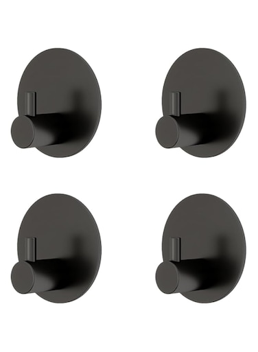 JS No Drill Black Wall Hooks Adhesive Heavy Duty New Model 2025 4 Pack - Stainless Steel Super Sticky Modern Hanger for Towels, Keys, Clothes, Dress - Safe on Bathroom/kitchen