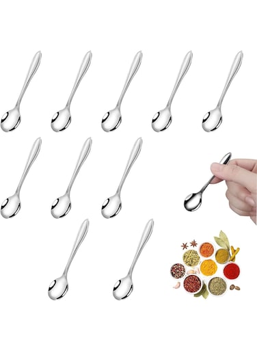 10Pcs Stainless Steel Mini Spoons, Small Spoons for Spice Jars, Tiny Scoop for Protein Powder, Coffee, Seasonings, Mini Ladles for Kitchen, Dining, Baking Accessories, 7.5cm (Silver)