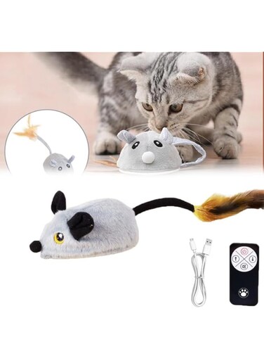BIGTHREE Interactive Cat Toys, Remote Control Cat Mouse Toy with Feather Tail, Emulation Flocking Rat Toy, Automatic Cat Toy for cat kitten Dog indoor/outdoor Exercise, Gift for Your Cat