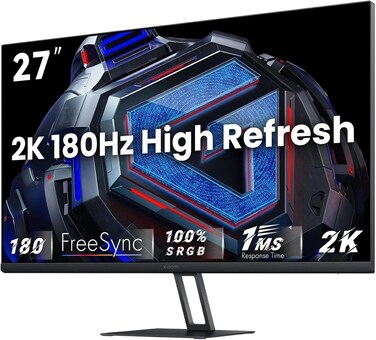 شاشة شاومي G27Qi بدقة 2K، QHD 2560×1440، تقنية IPS سريعة، معدل تحديث 180 هرتز، زمن استجابة 1 مللي ثانية، تقنية AMD FreeSync، زاوية رؤية 178 درجة، منفذان HDMI 2.0، منفذان DisplayPort 1.4، أسود