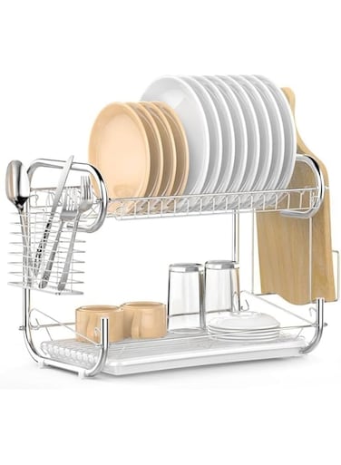 REKO - Dish Drying Rack, 2 Tier Dish Draining Board Set, Compact Dish Drainer for Kitchen Counter with Utensil Knife Holder, Chopping Board Holder and 3 Removable Draining Board (Silver)