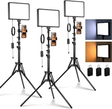 NEEWER BASICS 3 Pack LED Video Panel Light, Studio Lighting Kit with Tripod Stand &amp; Phone Holder for Video Recording Photography Streaming, 850lx/0.5m Bi Color 2700-6500K Dimmable Key Light, BP300