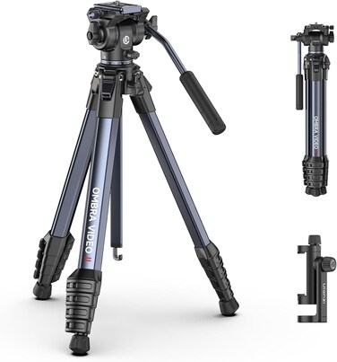 ULANZI Ombra Video Ⅱ Camera Tripod with Fluid Head 61.5 Travel Tripod with 360&deg; Rotated Arca Quick Release Plate Portable Stand for Phone Camera Vlogging Video Shooting with Carry Bag Phone Clamp