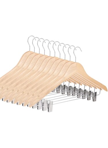 Red Dot Gift&reg; Wooden Skirt Hangers with Clips, 10-Pack Smooth Solid Wood Pants Hangers with Durable Adjustable Metal Clips, Swivel Hook, Coat, Jacket, Blouse Suit Hangers (Natural, 10)