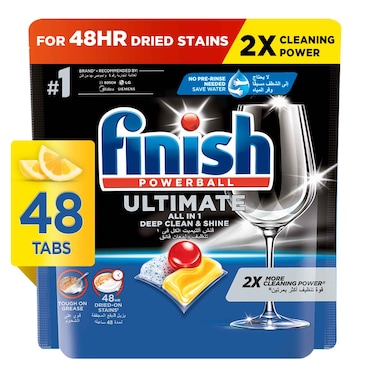 Finish Ultimate Dishwasher Tablets, Lemon Sparkle Scent, 2x More Cleaning Power, 48 Tabs